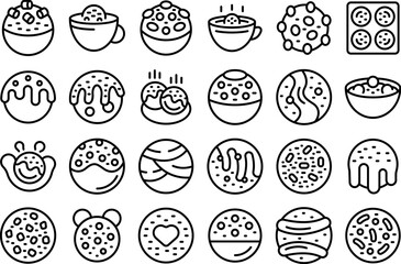 Cocoa bomb icons set outline vector. Food milk. Cake candy