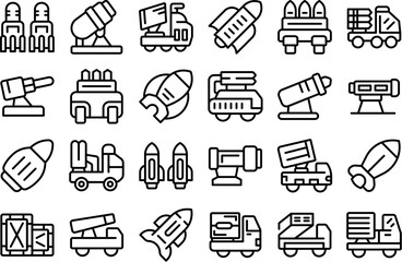 Anti-aircraft missile system icons set outline vector. Gun mortar. Vehicle war