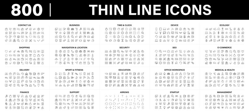Mega collection of 800 thin line web vector icons. Contains such Icons as Contact us, Business, Time, Navigation, SEO, Delivery, Finance, Medicine, Arrows, Shopping, Security and more. Editable Stroke