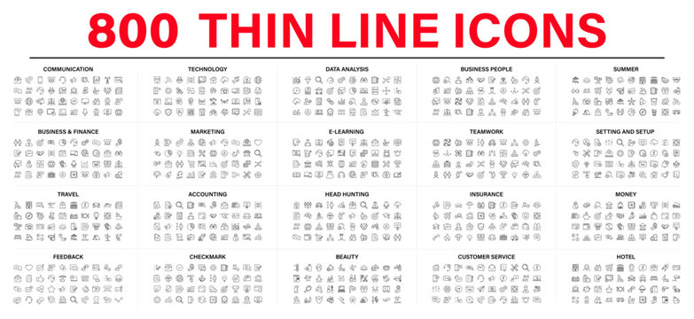 Mega collection of 800 thin line web vector icons. Contains such Icons as Business, Technology, Beauty, Travel, Summer, E-learning, Settings, Insurance, Marketing, Insurance and more. Editable Stroke