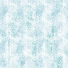 Abstract floral background. Seamless pattern with hand drawn plants on blue watercolor background. Vector. Perfect for wallpaper, wrapping, fabric and textile.
