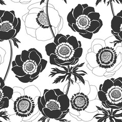 Seamless vector pattern with anemone flowers. Black and white floral background. Perfect for design templates, wallpaper, wrapping, fabric and textile.