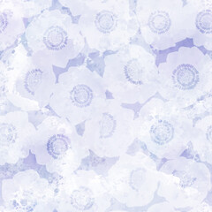 Seamless vector pattern with anemone flowers on lilac watercolor background. Art floral background. Perfect for design templates, wallpaper, wrapping, fabric and textile.