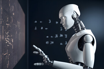 A roboter standing in a thinking pose in a room with a display that showing blue data,. generative ai