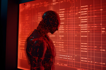 A roboter standing in a thinking pose in a room with a display that showing red data, generative ai
