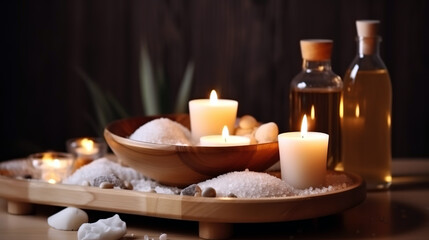 spa composition on massage table , candle and salt , generative ai