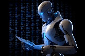 A roboter standing in a thinking pose in a room with a display that showing blue data,. generative ai