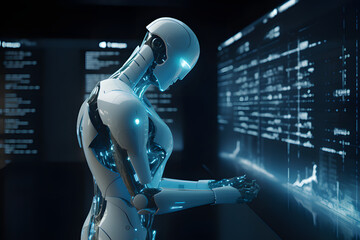 A roboter standing in a thinking pose in a room with a display that showing blue data,. generative ai