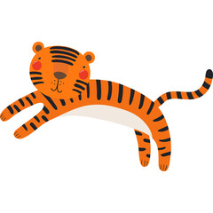 Cute funny jumping tiger cartoon character illustration. Hand drawn Scandinavian style flat design, isolated vector. Tropical animal, jungle wildlife, safari, nature, kids print element