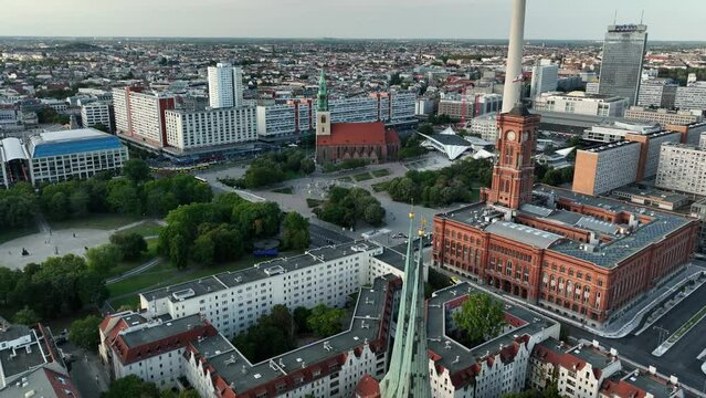Aerial Towards Potsdamer Platz, Public Square And Traffic Intersection In The City Of Berlin In Germany.