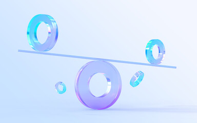 Glass rings balancing on seesaw 3d render. Concept of harmony and balance, choice life or work, weight comparison. Abstract crystal scales of geometric shapes with gradient texture. 3D illustration