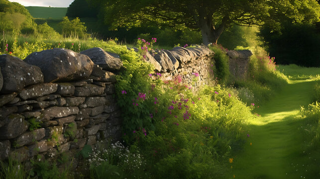 stone wall with flowers Generative AI