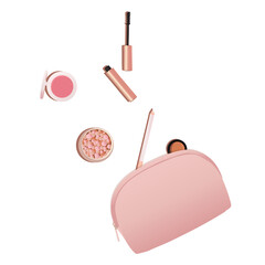 Illustration of a set of cosmetics - lipstick, blushes, mascara, makeup brush, and pink cosmetic bag