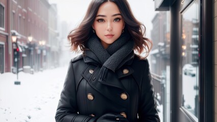 Girl in winter clothes in the snow with city in the background. Generative AI