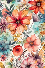 Foto op Canvas Generative AI pattern watercolor flowers and leaves. botanical watercolor illustration and background © eugenegg