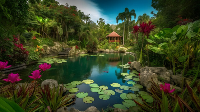 tropical garden with pond Generative AI