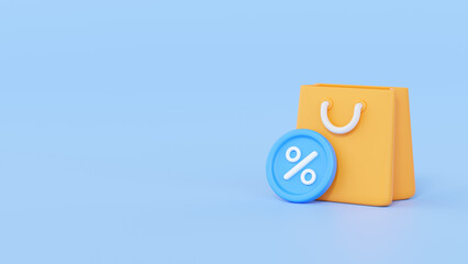 Shop bag 3d render illustration - discount icon, ecommerce offer with percent and paper sale package for web store