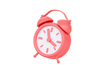 Clock 3d render icon - simple alarm timer concept, red retro style flying alarmclock and morning awakening illustration