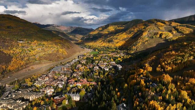 Downtown Vail Fall Colorado sunset stunning October beautiful drone backwards