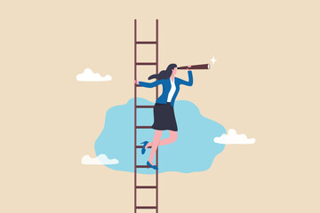 Career opportunity, business success vision or searching for new job, leadership visionary, looking for goal, future or business discovery concept, businesswoman climb up ladder looking on telescope. - obrazy, fototapety, plakaty