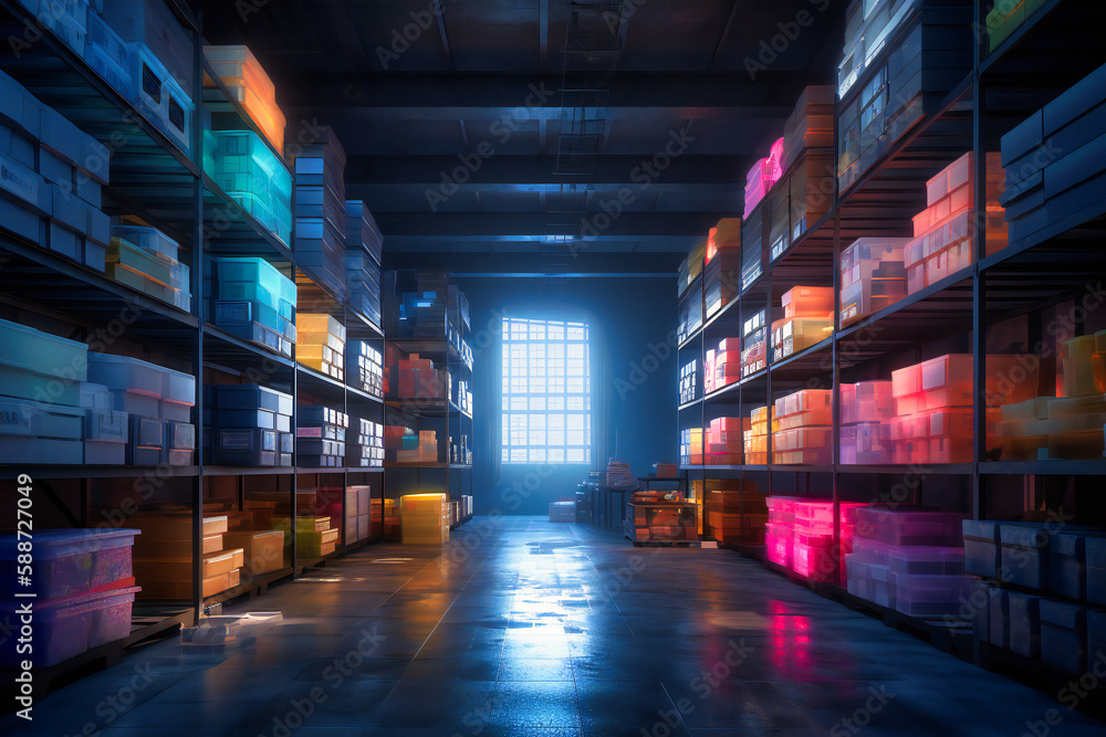 Poster this warehouse boasts ample room for organizing an array of products with shelves and cardboard boxe