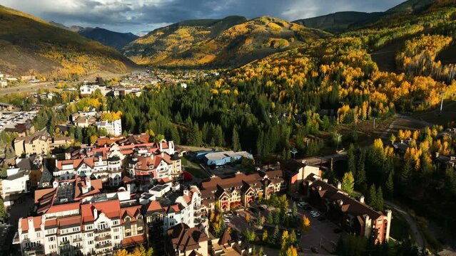 Downtown Vail Fall Colorado sunset stunning October beautiful drone pan up