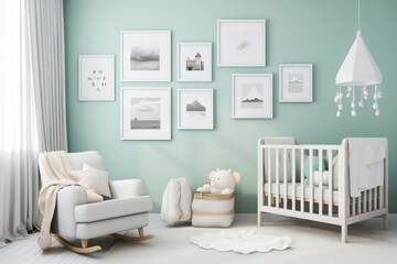 Serene Nursery with Blank Image Frame on Pastel Color Wall