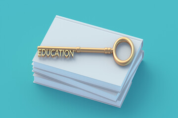 The word education on the key near books. School concept. 3d rendering