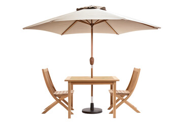 Cafe table with chair and parasol umbrella isolated on white background. Generative AI. - obrazy, fototapety, plakaty