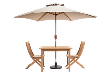 Foto op Canvas Cafe table with chair and parasol umbrella isolated on white background. Generative AI. © junghc1