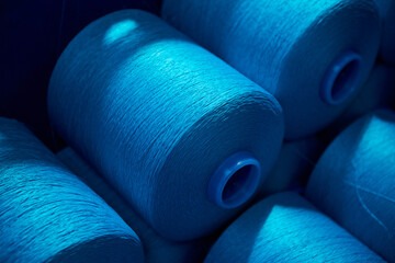 Blue rolls of industrial cotton in  weaving factory, hand weaving cotton for the fashion and textiles industry. Yarn weave traditional textile fabric manufacturing for clothing and fashion.