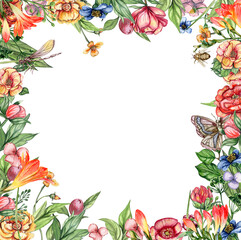 Fototapeta premium Watercolor hand drawn spring garden full of flowers square frame. Watercolor illustration for scrapbooking. Cartoon hand drawn background with flower for kids design. Perfect for wedding invitation.