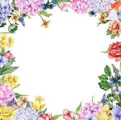 Watercolor hand drawn spring garden full of flowers square frame. Watercolor illustration for scrapbooking. Cartoon hand drawn background with flower for kids design. Perfect for wedding invitation.