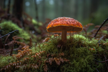 Gros plan en vue macro sur un champignon c&egrave;pe dans un sous-bois humide avec mousses et lichens
