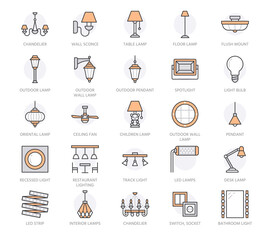 Light fixture, lamp flat line icons. Home, outdoor lighting equipment - chandelier, wall sconce, light bulb, power socket. Vector illustration, signs for electric store. Orange color. Editable Stroke