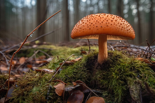 Gros plan en vue macro sur un champignon dans un sous-bois humide avec mousses et lichens