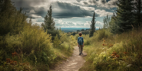 Fototapeta premium Trailblazing: Adventurous Boy Exploring the Great Outdoors. Generative AI