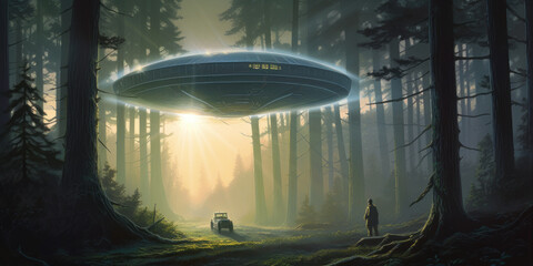 Abducted by Aliens: Flying saucer UFO abduction scene. Generative AI - obrazy, fototapety, plakaty