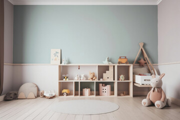 Fototapeta na wymiar Modern Children's Room with Toys and Blank Wall