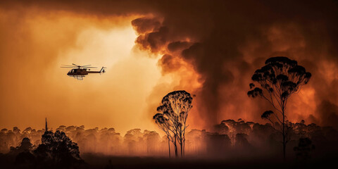 Fototapeta na wymiar Blazing Australian bushfire with rescue helicopter created with Generative AI