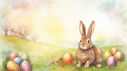 Fototapeta na wymiar Easter Bunny with easter eggs on the sunny meadow illustration. Generative AI.