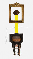 Man wearing business costume and hat sitting on chair and analysing representation of painting over...