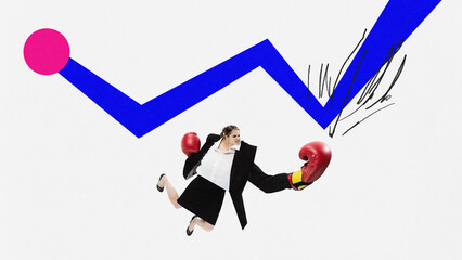 Contemporary art collage with woman in business costume and boxing gloves demonstrating her...