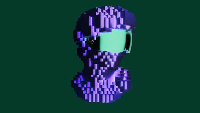 3D Colorful Pixelated Rotating David Head In VR Glasses Animation. Abstract Futuristic  Sculpture In Modern Art Style. NFT Cryptoart Concept. 4K