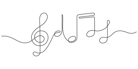 Music note and treble clef, continuous one art line drawing. Music concept. Hand drawn doodle sketch. Vector