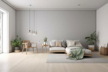Obraz na płótnie Canvas Modern Minimalist Scandinavian Living Room with Empty Wall