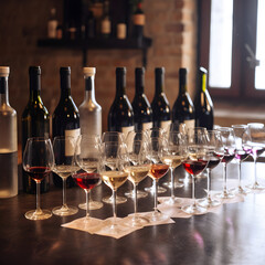 Set of wine bottles and glasses filled with red white and rose wines on wooden table in winery interior. Illustration of wine degustation. Wine glasses, wine bottles with various wines. Generative AI