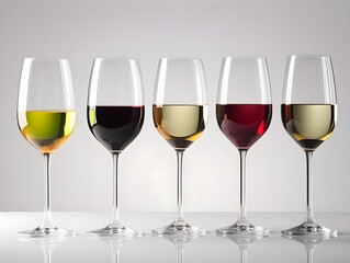 Full glasses set with red white and rose wines isolated on gray background. Realistic illustration of glasses of wine. Set of wine glasses with different wines, degustation. Generative AI