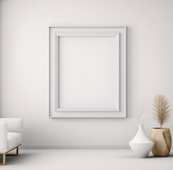 Fototapeta na wymiar A modern living room of comfortable space with contemporary two potted plants and an empty white frame mockup hangs on the wall.