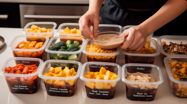 Batch Cooking Meal Prep Woman Packing Food In Tupperware For Organized Week, Generative AI